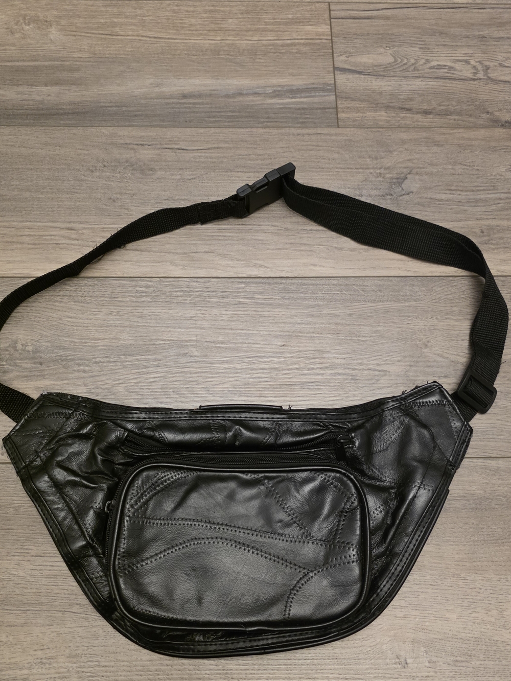 Vintage 90s Black Leather Patchwork Belt Waist Bag with Rear Velcro Multi Pocket